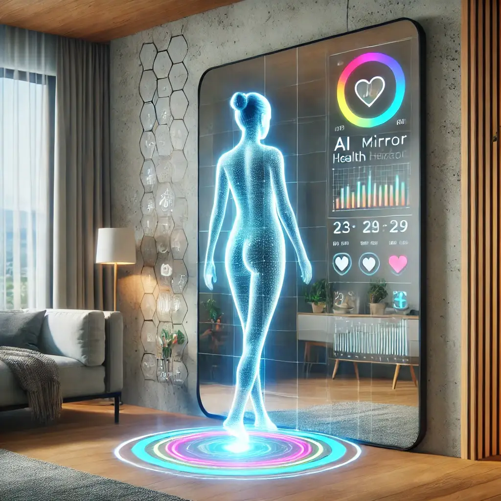 Dalle 2025 01 09 135354 An Ai Powered Smart Mirror Scanning A Persons Body In A Modern Home Setting Showcasing Futuristic Health Tracking Capabilities The Mirror Displays