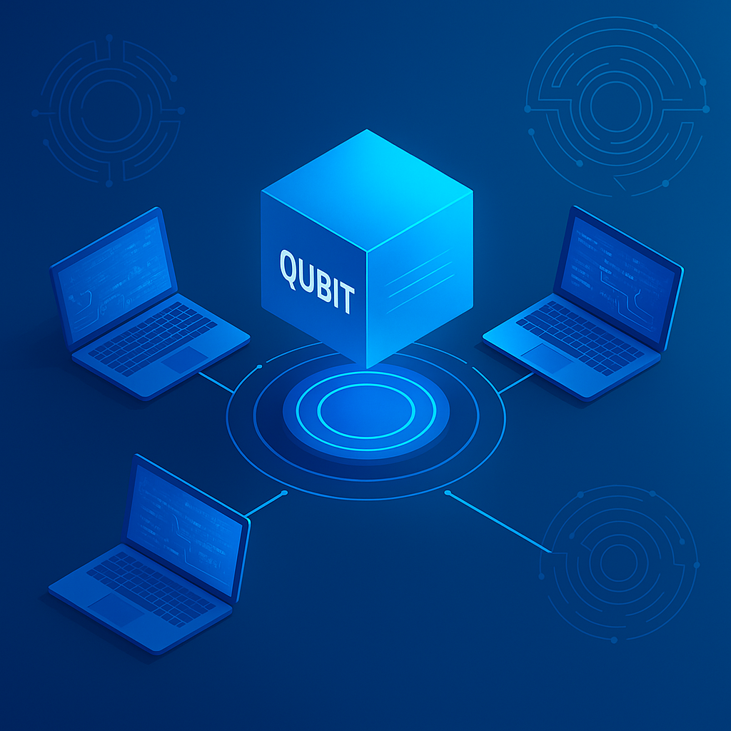 Quantum computing network with central QUBIT cube and connected laptops